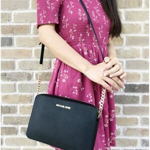 Michael Michael Kors Saffiano Leather Black Crossbody Purse Gold Chain SATCHEL S